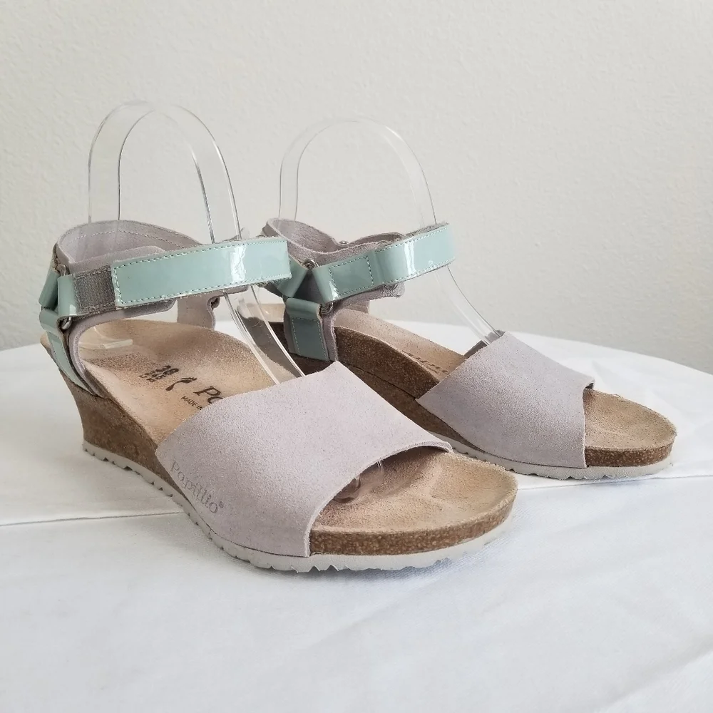 Papillio By Birkenstock Eve Wedge Suede Sandal in Blue Grey Size 7-7.5 Narrow